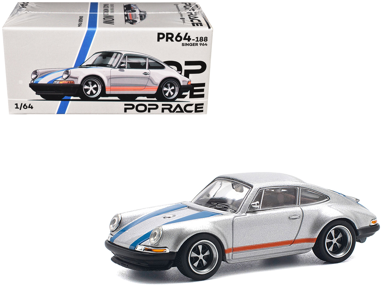 Singer 964 Silver Metallic with Blue and Red Stripes 1/64 Diecast Model Car by Pop Race free shipping USA