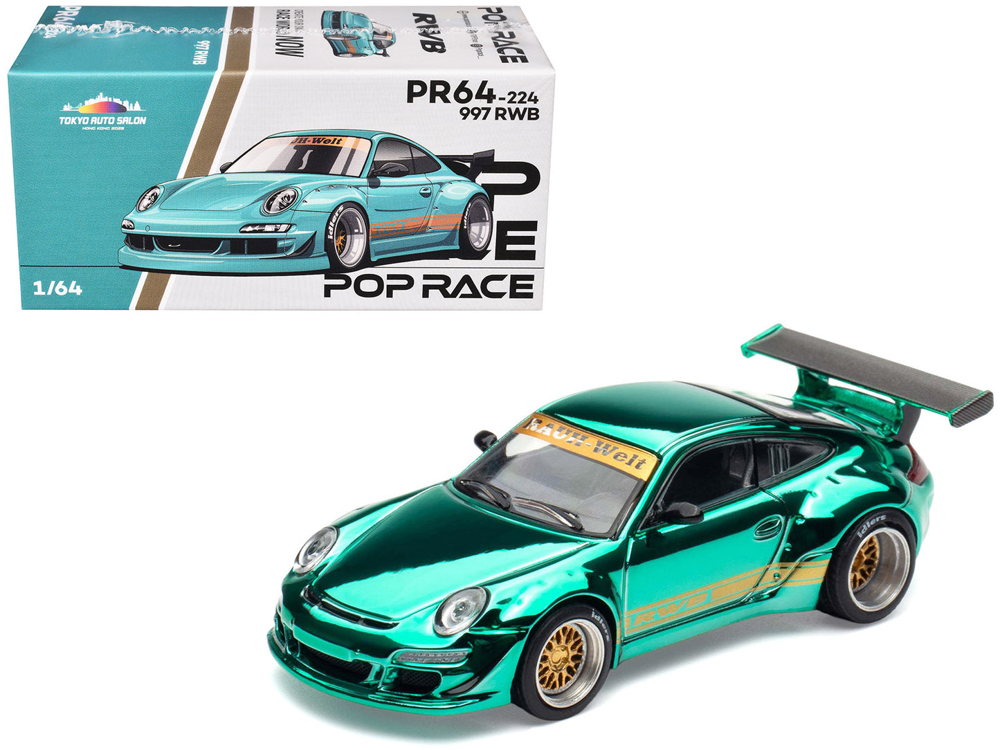997 RWB Spectraflame Teal with Gold Stripes "Tokyo Auto Salon - Hong Kong 2025" 1/64 Diecast Model Car by Pop Race