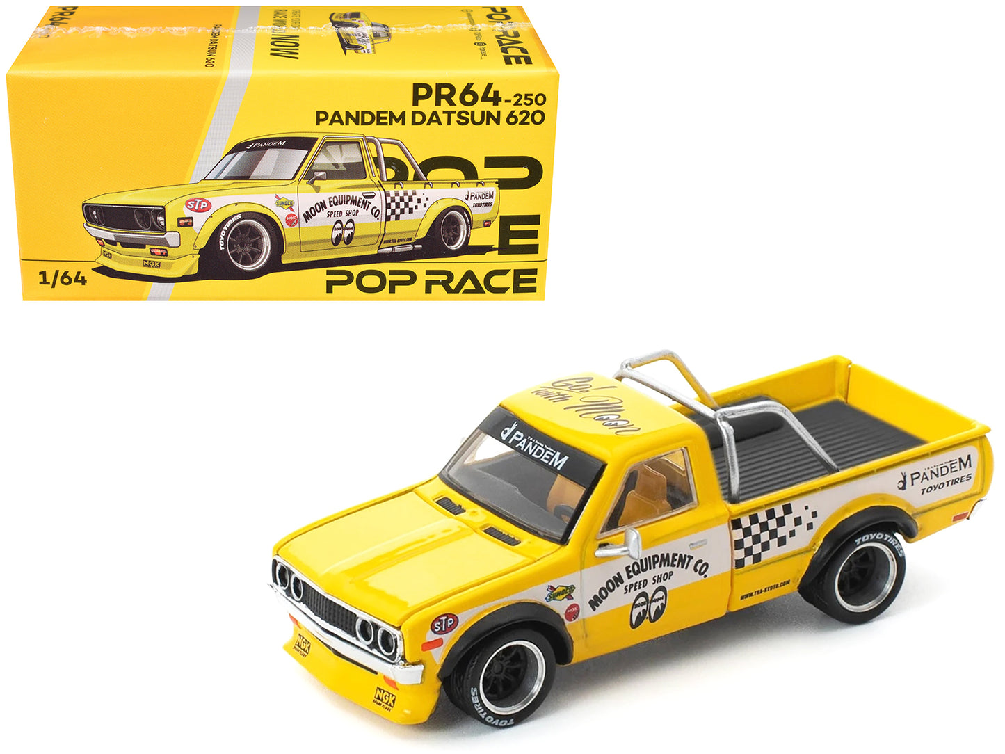 Datsun Pandem 620 Pickup Truck "MoonEyes" Yellow with White Sides and Graphics 1/64 Diecast Model Car by Pop Race - Use code SHOPAPP15 to get 15 percent off