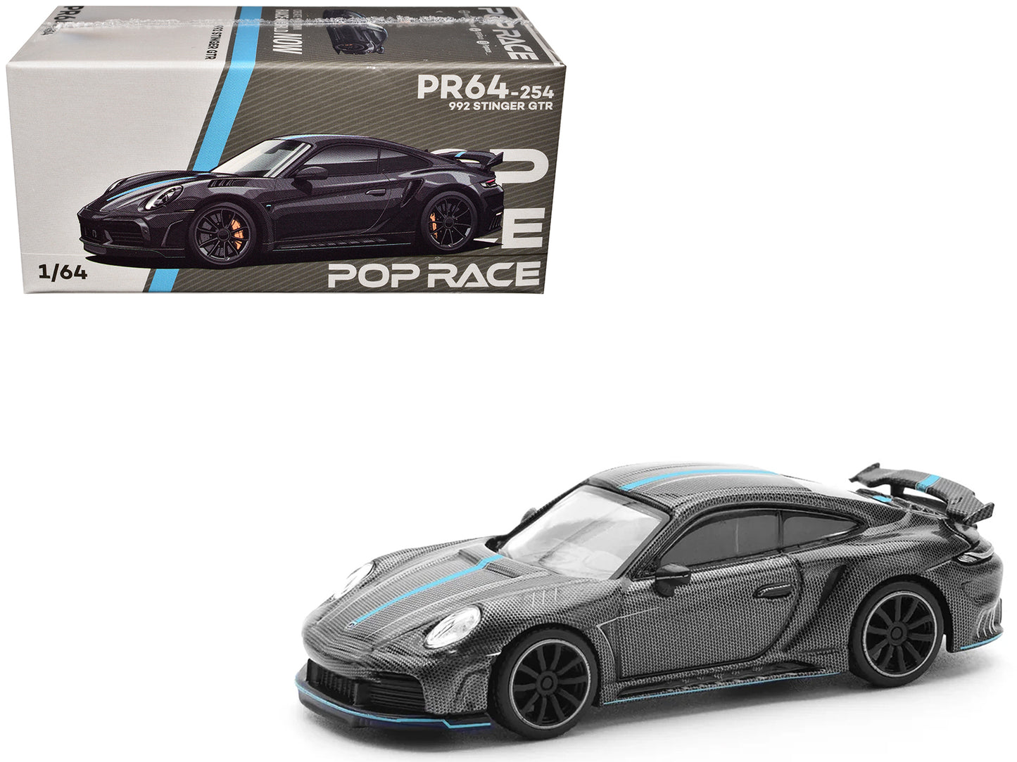 992 Stinger GTR Carbon Edition with Blue Stripe 1/64 Diecast Model Car by Pop Race