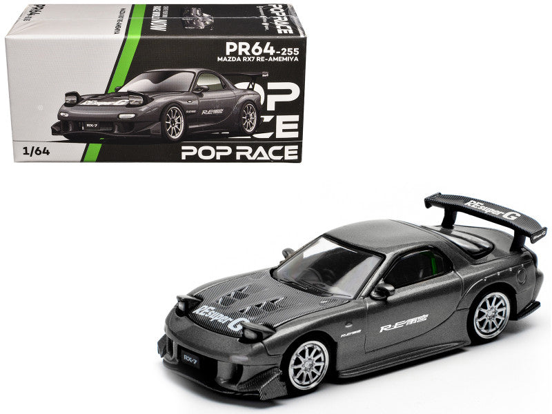 Mazda RX7 (FD) "RE Amemiya" Widebody RHD (Right Hand Drive) Gunmetal Gray Metallic with Carbon Hood 1/64 Diecast Model Car by Pop Race - Use code SHOPAPP15 to get 15 percent off