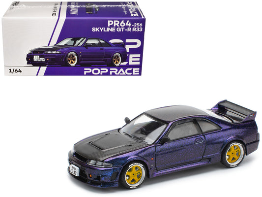 Skyline GT-R (R33) RHD (Right Hand Drive) Midnight Purple Metallic with Carbon Hood 1/64 Diecast Model Car by Pop Race