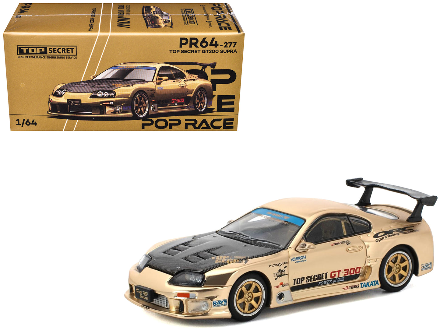Toyota Supra "Top Secret" GT300 RHD (Right Hand Drive) Gold Metallic with Carbon Hood 1/64 Diecast Model Car by Pop Race - Use code SHOPAPP15 to get 15 percent off