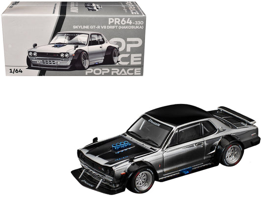 Skyline GT-R V8 Drift "Hakosuka" RHD (Right Hand Drive) Silver Chrome with Black Hood and Top 1/64 Diecast Model Car by Pop Race - Use code SHOPAPP15 to get 15 percent off