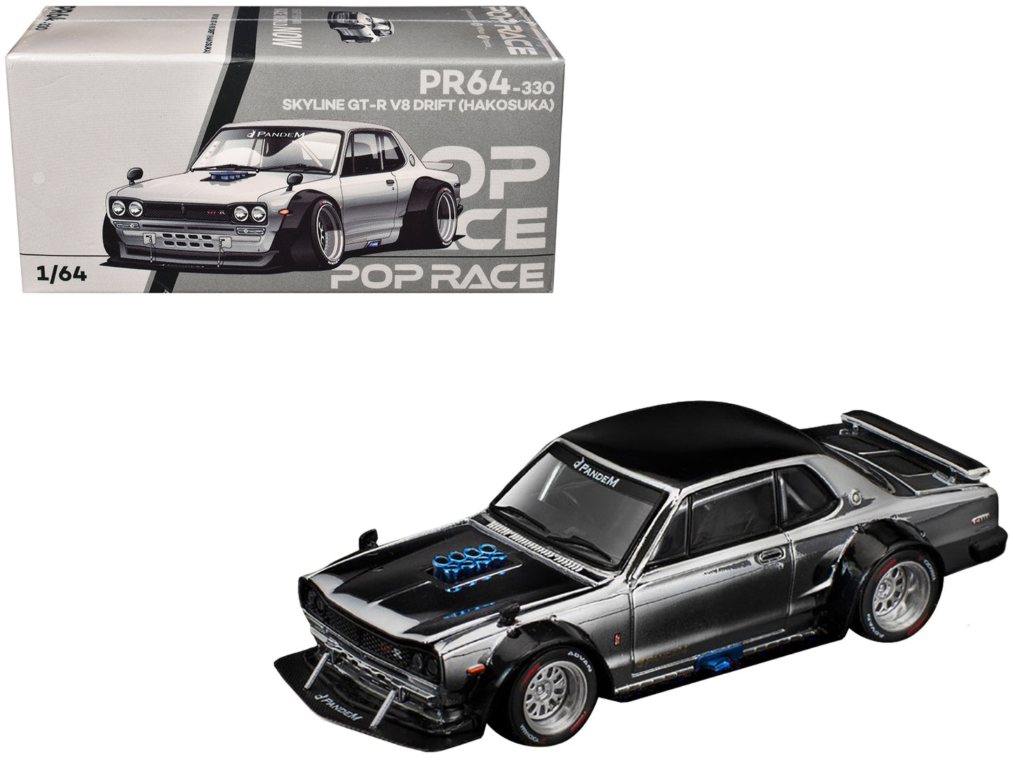Skyline GT-R V8 Drift "Hakosuka" RHD (Right Hand Drive) Silver Chrome with Black Hood and Top 1/64 Diecast Model Car by Pop Race