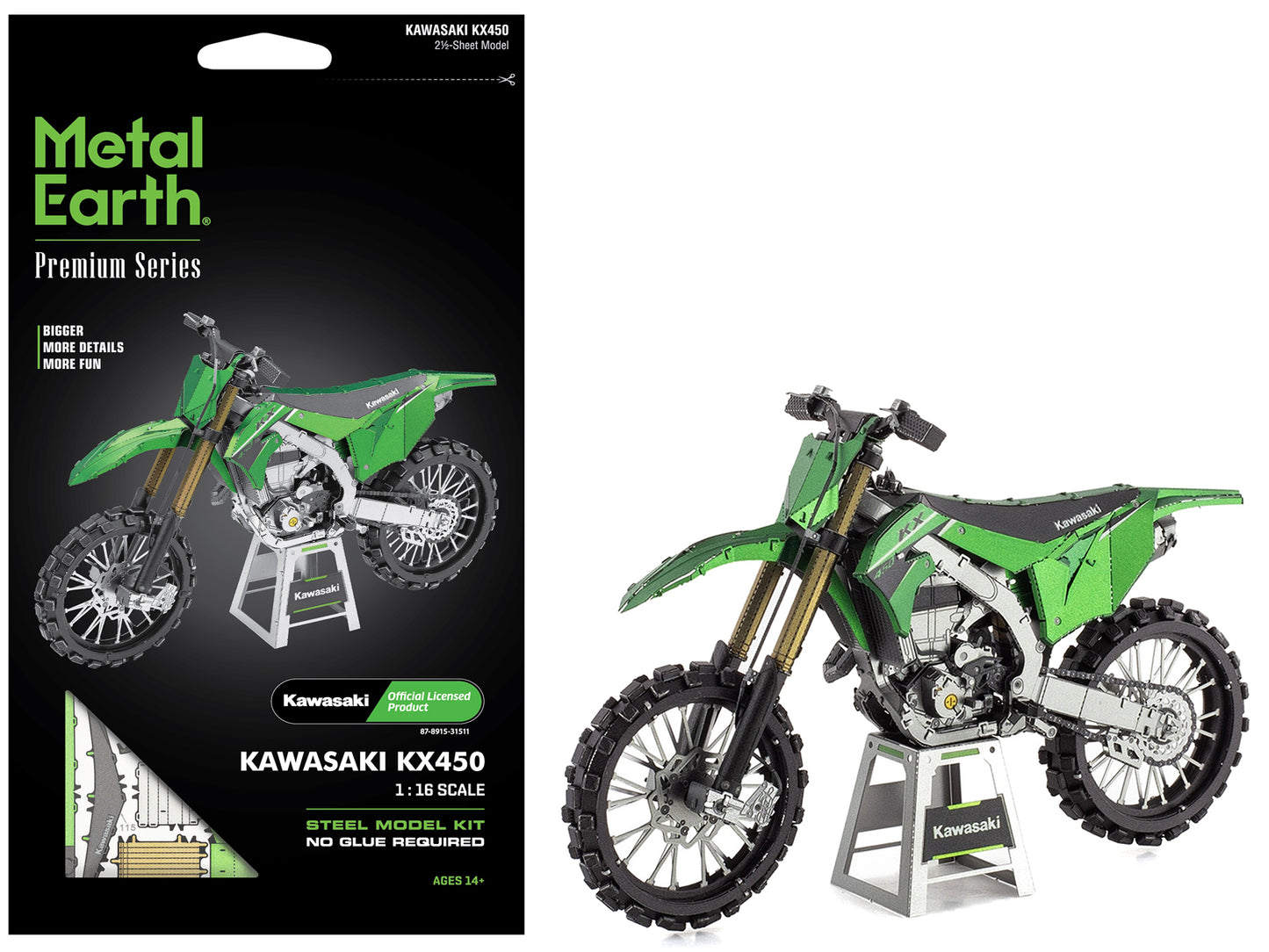 Model Kit Kawasaki KX450 Off-Road Motorcycle Green (Challenging Difficulty) Steel Model by Metal Earth