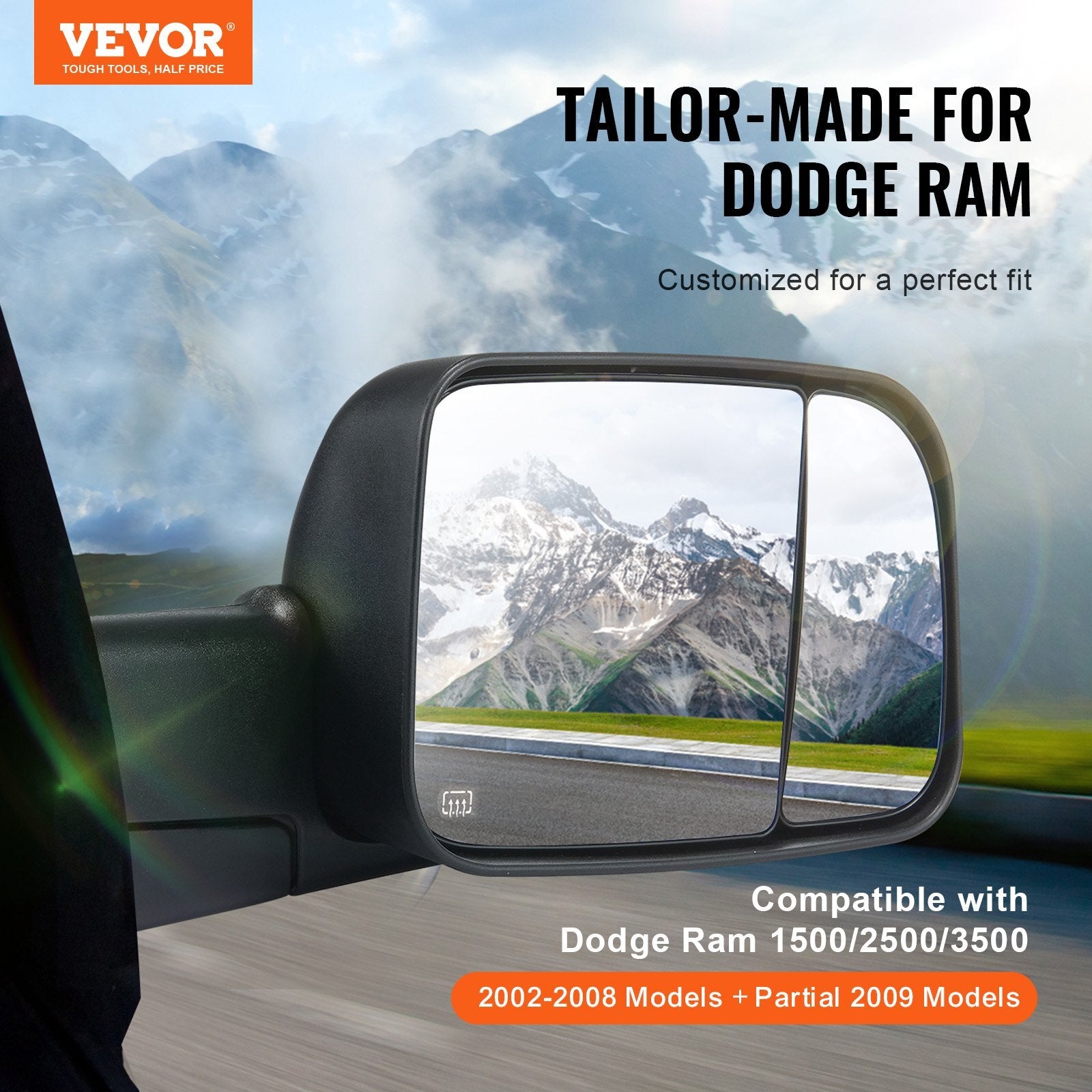 VEVOR Towing Mirrors, Left & Right Pair Set for 2002-2008 Dodge Ram 1500 2500 3500 (Partial 2009 Models), Power Heated with Signal Light & Puddle Light, Manual Controlling Flipping Folding, Black - Premium Towing Mirrors from VEVOR - Just $194.99! Shop now at Rapidvehicles