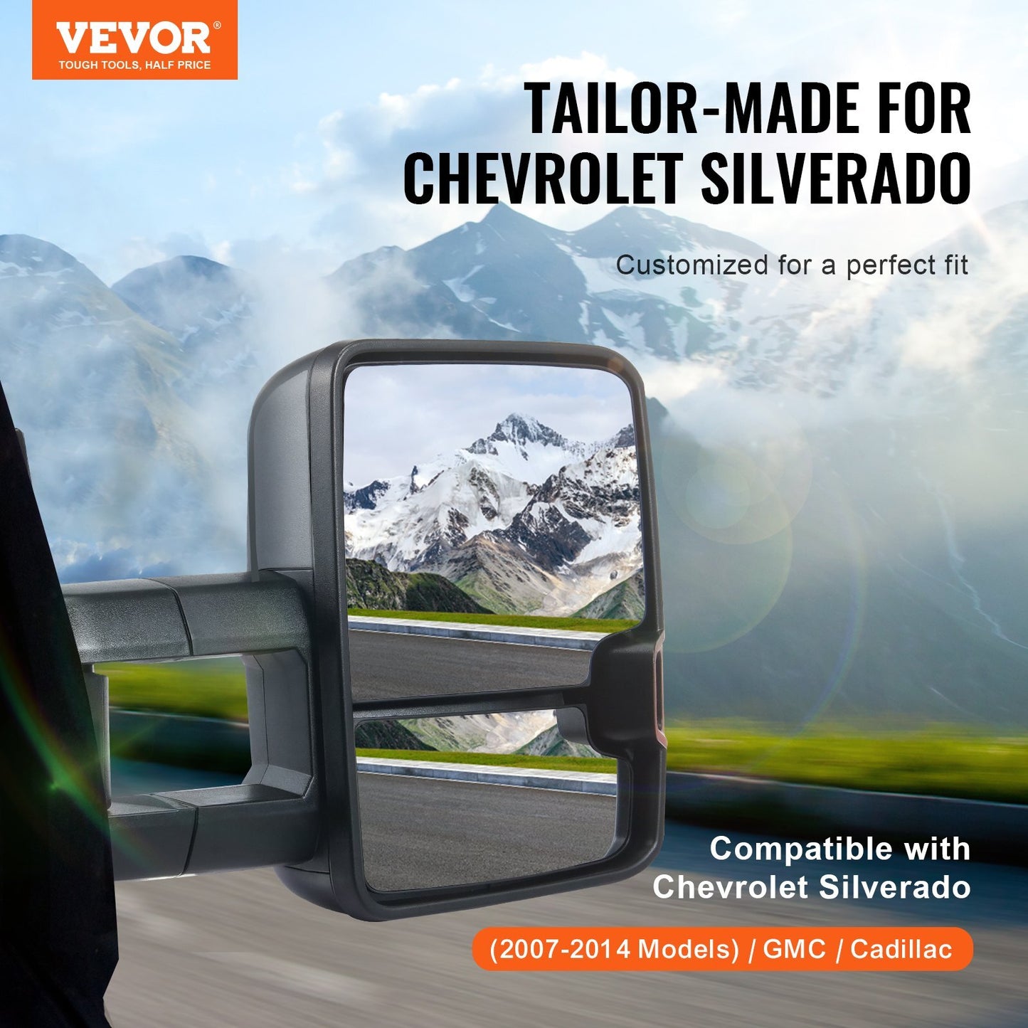 VEVOR Towing Mirrors, Left & Right Pair Set for Chevrolet Silverado (2007-2014)/GMC/Cadillac, Power Heated with Signal Light & LED Driving Light, Manual Telescoping Folding, and Heating Defrost, Black - Premium Towing Mirrors from VEVOR - Just $191.75! Shop now at Rapidvehicles