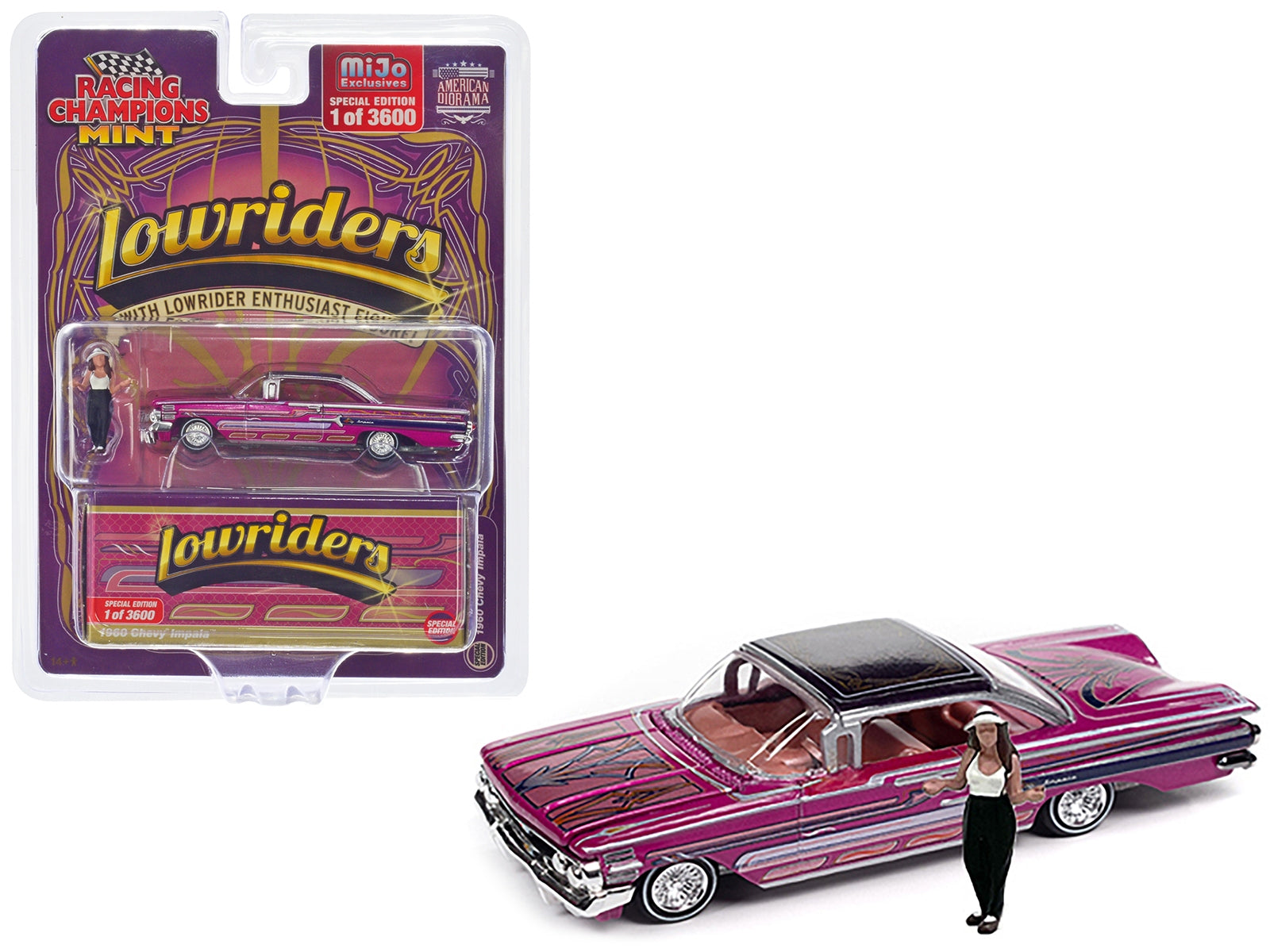 1960 Chevrolet Impala Lowrider Hot Pink Metallic with Black Top and Graphics and Diecast Figure Limited Edition to 3600 pieces Worldwide 1/64 Diecast Model Car by Racing Champions - Premium Chevrolet Models from Racing Champions - Just $39.60! Shop now at Rapidvehicles