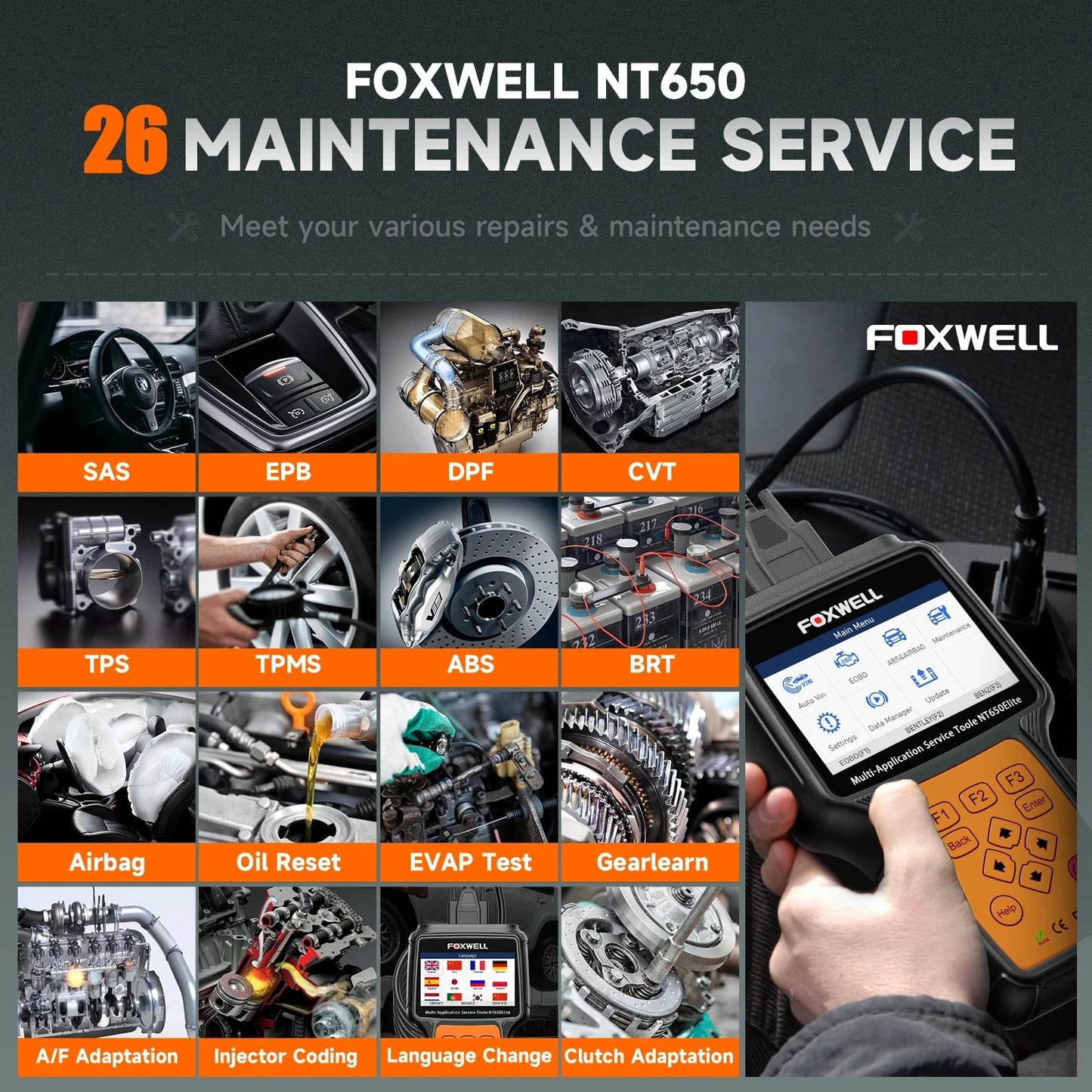 FOXWELL NT650 Elite OBD2 Scanner Diagnostic Tool ABS Airbag SAS EPB Oil A/F Reset Car Ananlyzer OBDII 3 System Automotive Tester