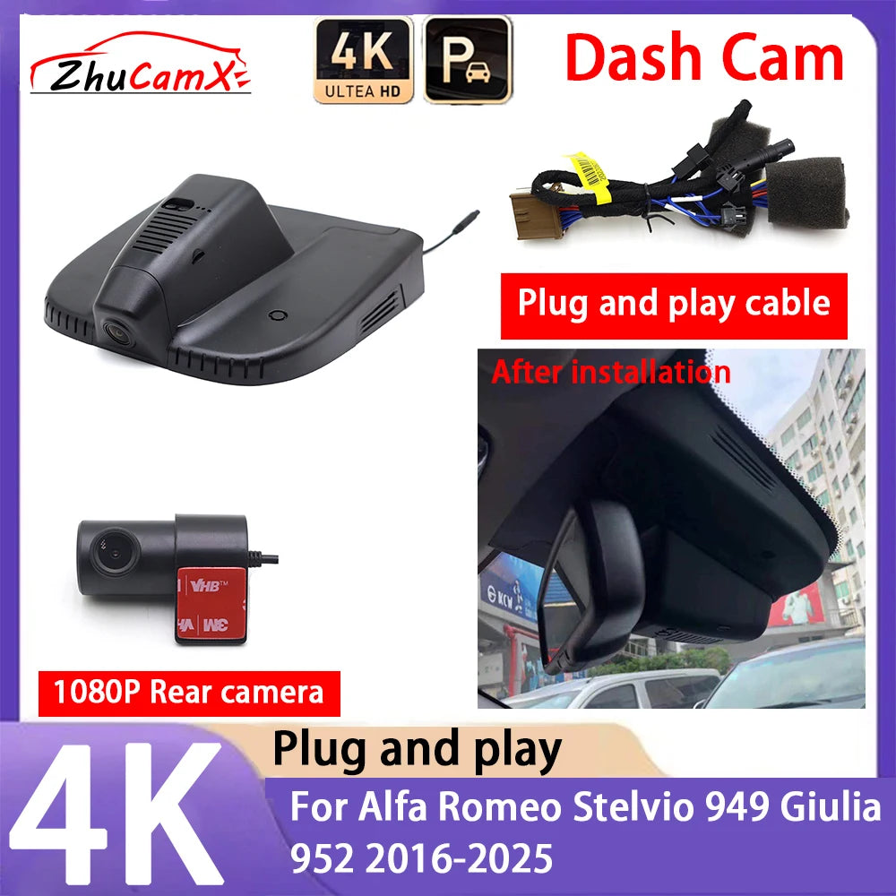 AutoBora 4K 2160P Plug and Play UHD Car Dash Cam DVR Camera Night Vision for Alfa Romeo Stelvio 949 Giulia 952 2016-2025