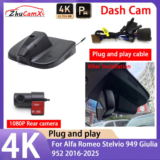 AutoBora 4K 2160P Plug and Play UHD Car Dash Cam DVR Camera Night Vision for Alfa Romeo Stelvio 949 Giulia 952 2016-2025