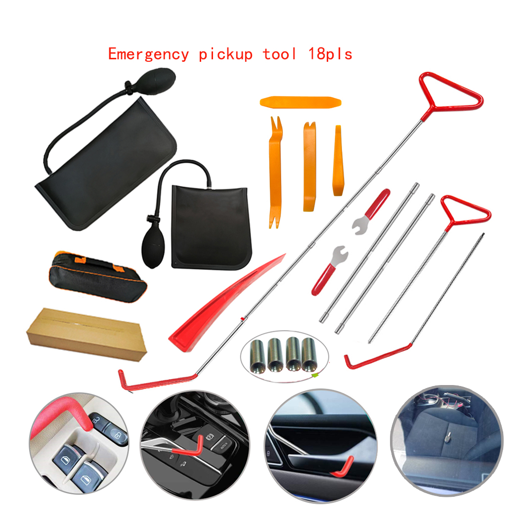 18pcs Car Tools Kit with 4 long reach grabbers, 2 air bag pumps, 4 trim removal tools, 4 fastener nuts, 2 wrenches, 1 injury free wedge, 1 tool case bag, 1 manual - Premium Automotive from Rapidvehicles - Just $48.99! Shop now at Rapidvehicles