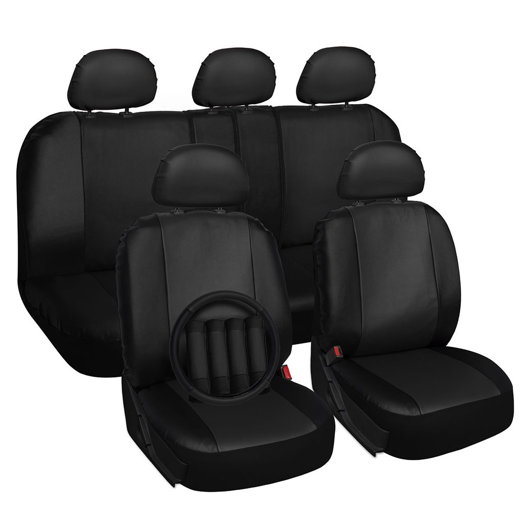 Four Seasons Universal 5-Headrest PU Leather Car Seat Cover 16-Piece Set Black - Premium Automotive from Rapidvehicles - Just $52.99! Shop now at Rapidvehicles