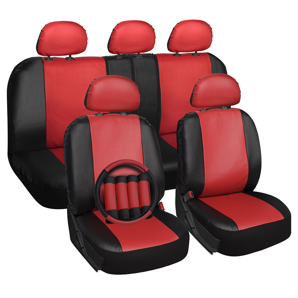 Four Seasons Universal 5-Headrest PU Leather Car Seat Cover 16-Piece Set Red & Black - Premium Automotive from Rapidvehicles - Just $52.99! Shop now at Rapidvehicles