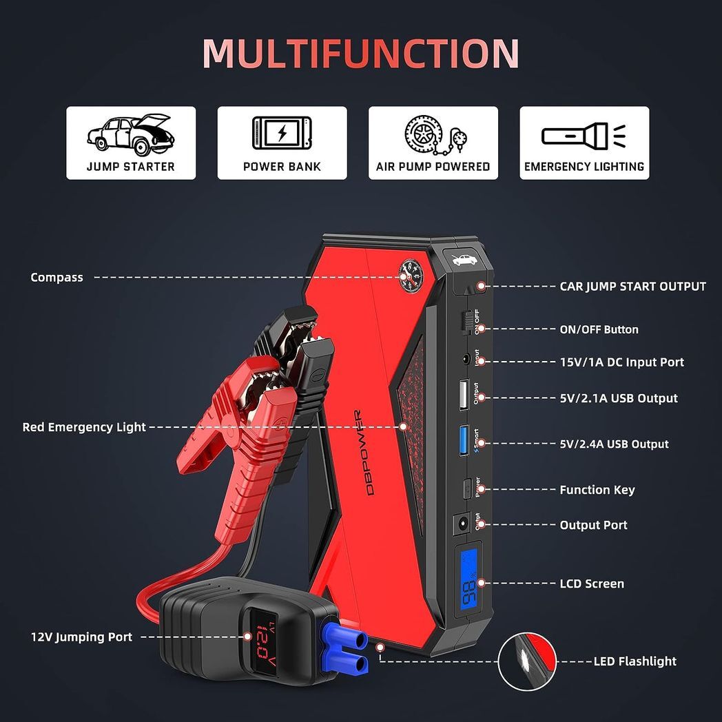 DBPOWER 800A Peak 18000mAh Portable Car Jump Starter (up to 7.2L Gas/5.5L Diesel Engine) Portable Battery Booster with LCD Screen (Red) - Premium Automotive from Rapidvehicles - Just $79.99! Shop now at Rapidvehicles