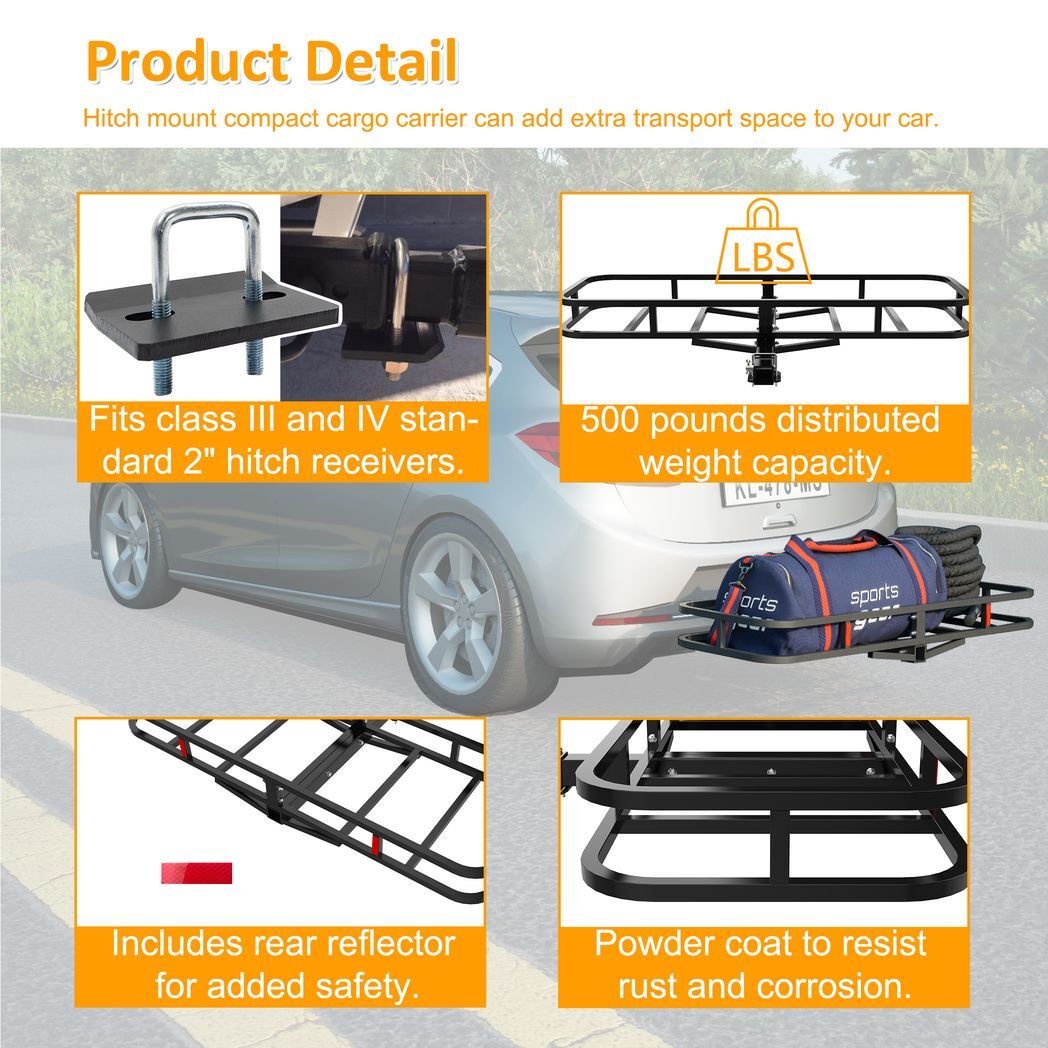 51" x 17.6" x 5" Hitched Mounted Cargo Basket with a 500 lb Capacity for Car SUV Truck Trailer, Black - Premium Automotive from Rapidvehicles - Just $88.99! Shop now at Rapidvehicles