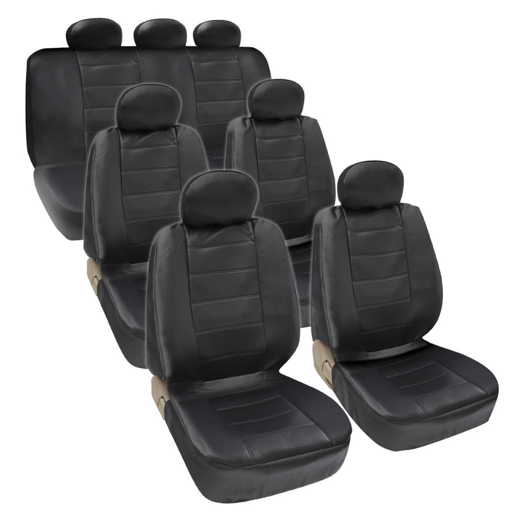 Four Seasons Universal 7-Headrest PU Leather Car Seat Cover Set Black 3-Row Seat - Premium Automotive from Rapidvehicles - Just $66.99! Shop now at Rapidvehicles