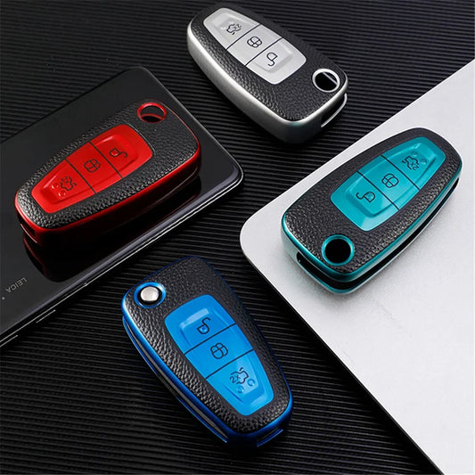 Color Name: Silver - Leather TPU Car Key Case Cover for Ford - Premium Interior Accessories from carmilla - Just $8.99! Shop now at Rapidvehicles