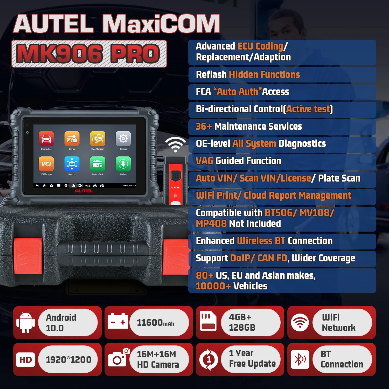 Autel MK906 PRO MK906Pro Автомобильный диагностический инструмент с аппаратным обеспечением ультра-уровня, обслуживанием 36+