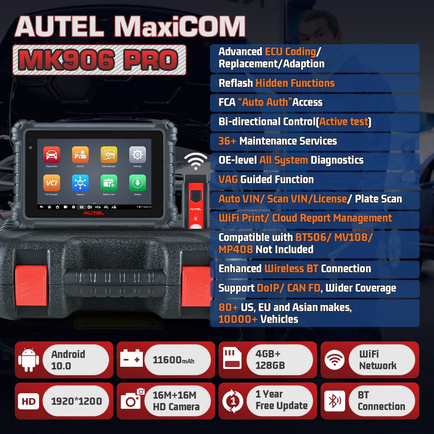 Autel MK906 PRO MK906Pro Автомобильный диагностический инструмент с аппаратным обеспечением ультра-уровня, обслуживанием 36+