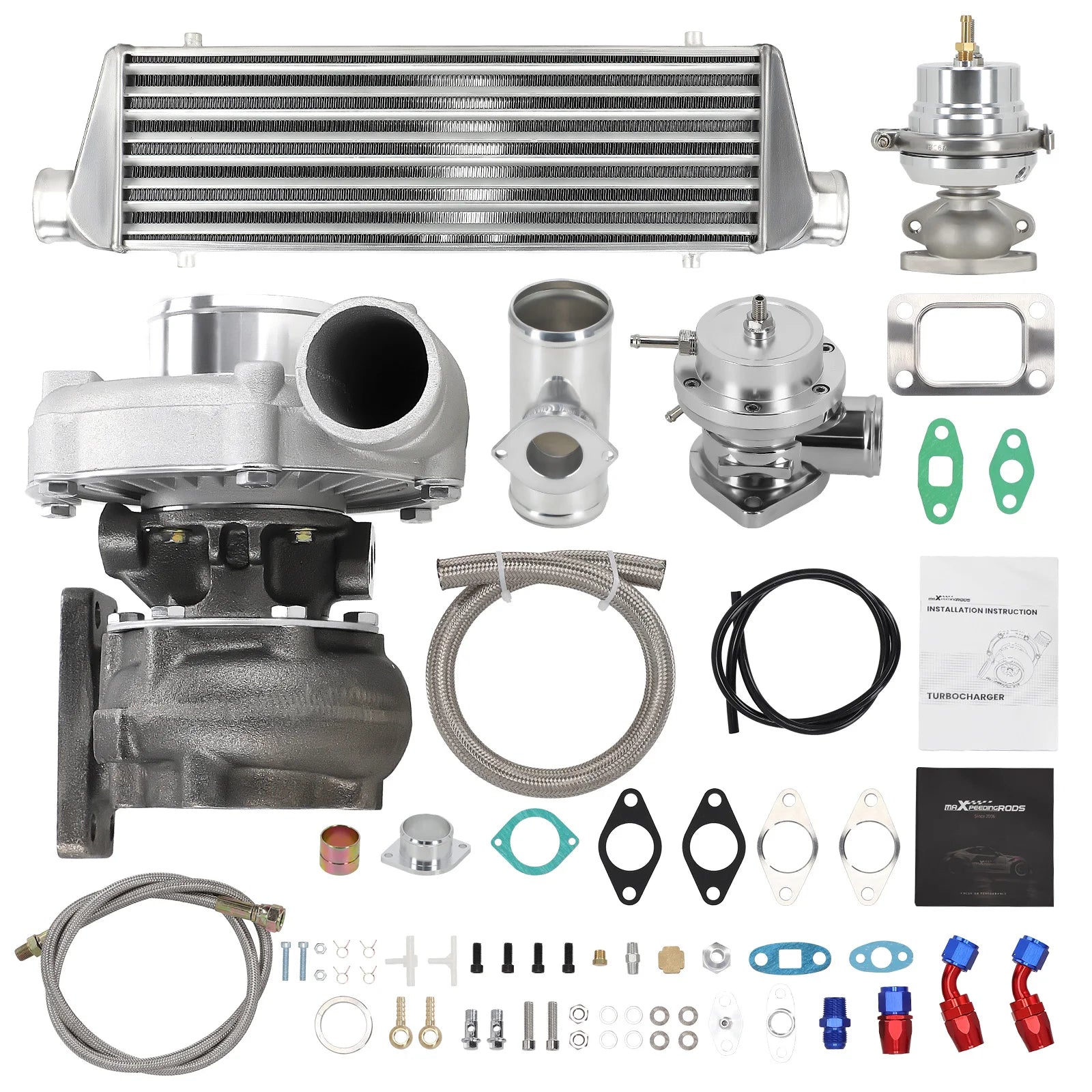 Turbo Pressure T3 T4 T04E Universal Turbo kit Stage III+Wastegate+Turbo Intercooler++Piping Oil Line 10PC Turbocharger Kit