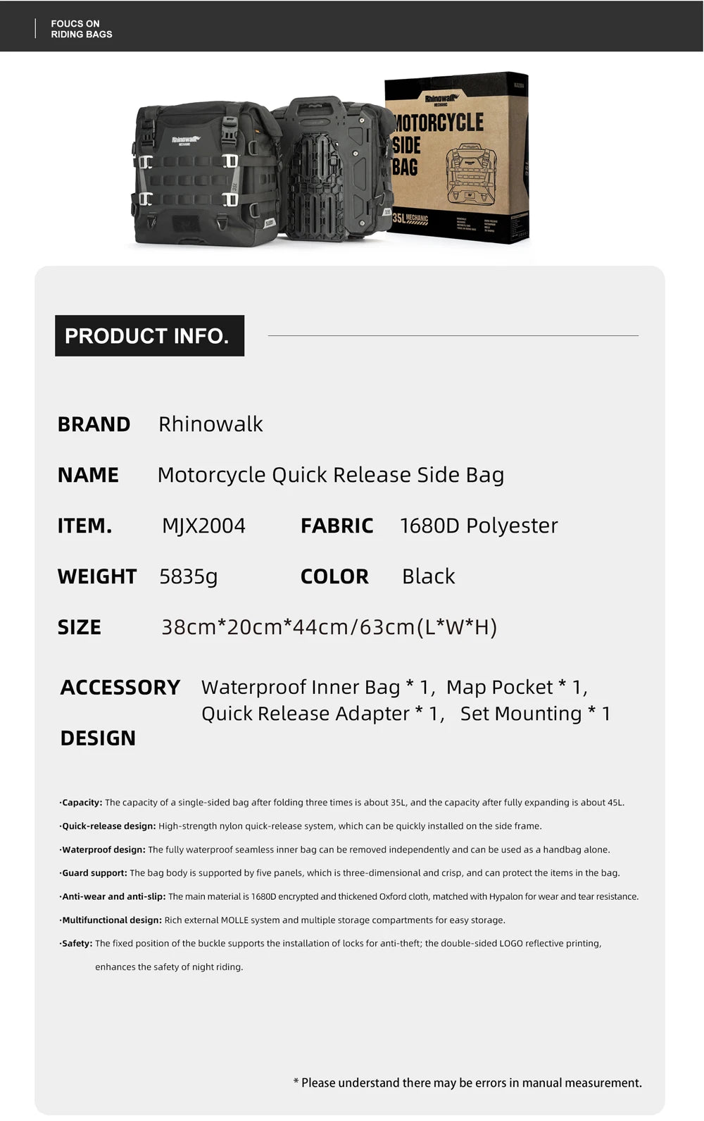 Rhinowalk Motorcycle Side Bag 35L Waterproof Quick Release Saddle Bag For BMW R1300GS R1250GS R1200GS S1000XR Motorbike Luggage