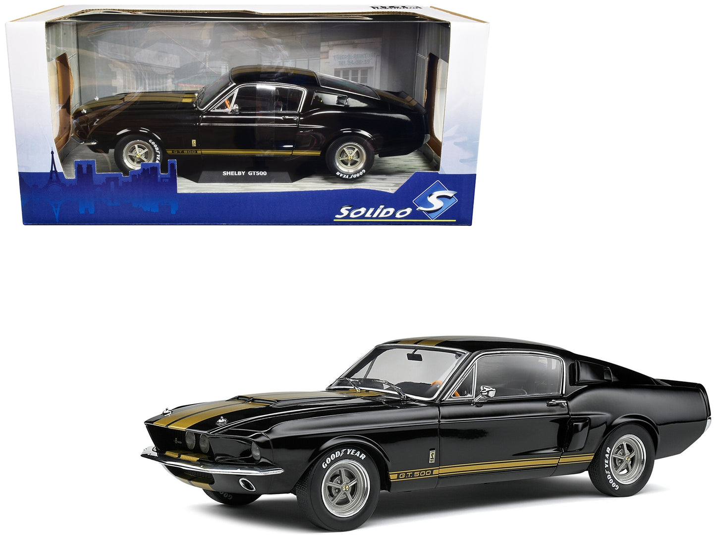 1967 Shelby GT500 Black with Gold Stripes 1/18 Diecast Model Car