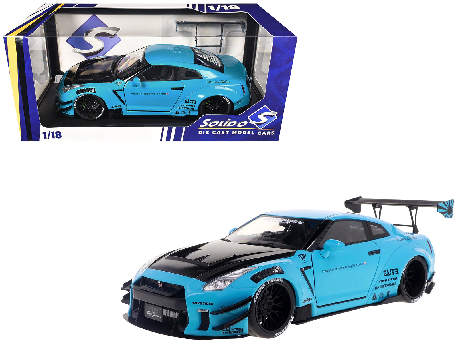2023 Nissan GT-R (R35) Liberty Walk Body Kit 2.0 RHD (Right Hand Drive) Baby Blue with Carbon Hood 1/18 Diecast Model Car by Solido free shipping USA