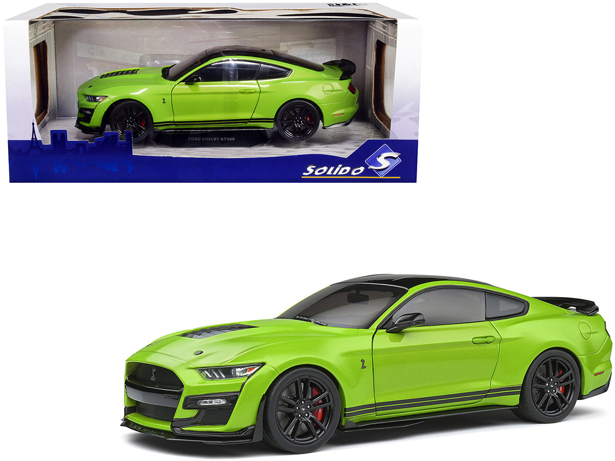 2020 Ford Mustang Shelby GT500 Grabber Lime Green Metallic with Black Top and Stripes 1/18 Diecast Model Car by Solido free shipping USA