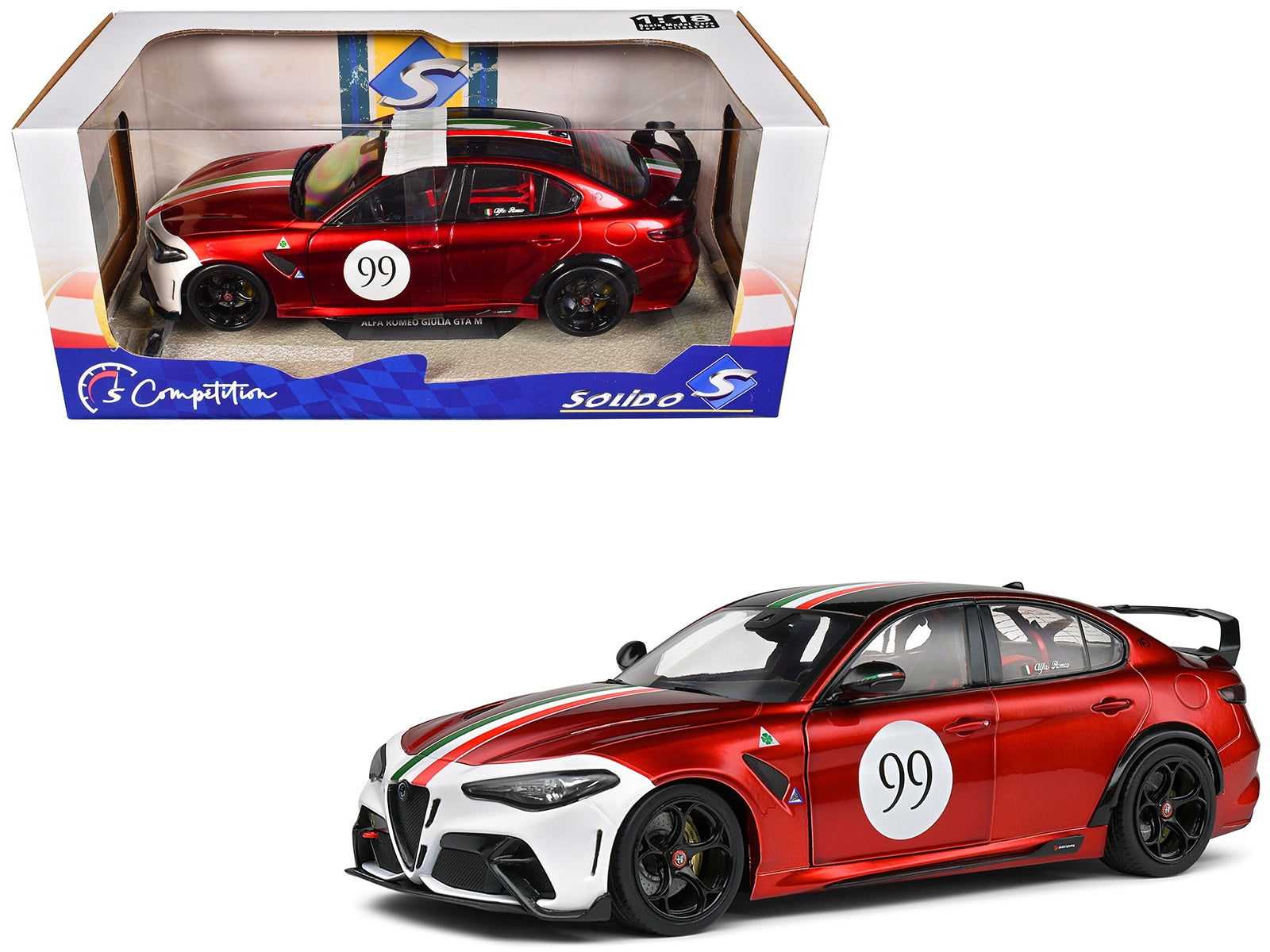 2022 Alfa Romeo Giulia GTAm #99 Red Metallic with Black Top and Italian Flag Stripes "Mugello 1969" Livery "Competition" Series 1/18 Diecast Model Car by Solido - Premium Alfa Romeo Models from Solido - Just $98.55! Shop now at Rapidvehicles