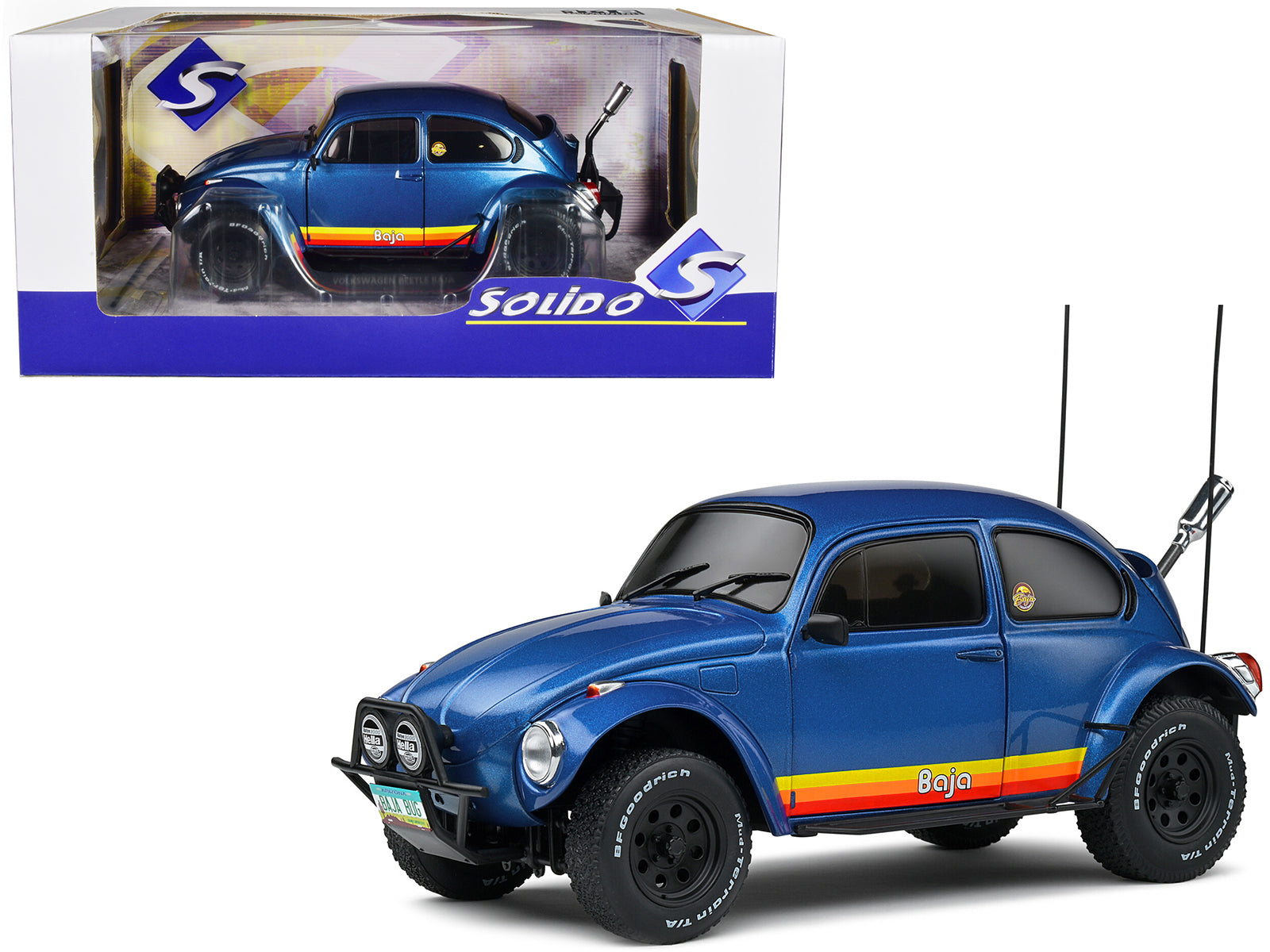 1975 Volkswagen Beetle Baja Blue Metallic with Stripes 1/18 Diecast Model Car by Solido free shipping USA