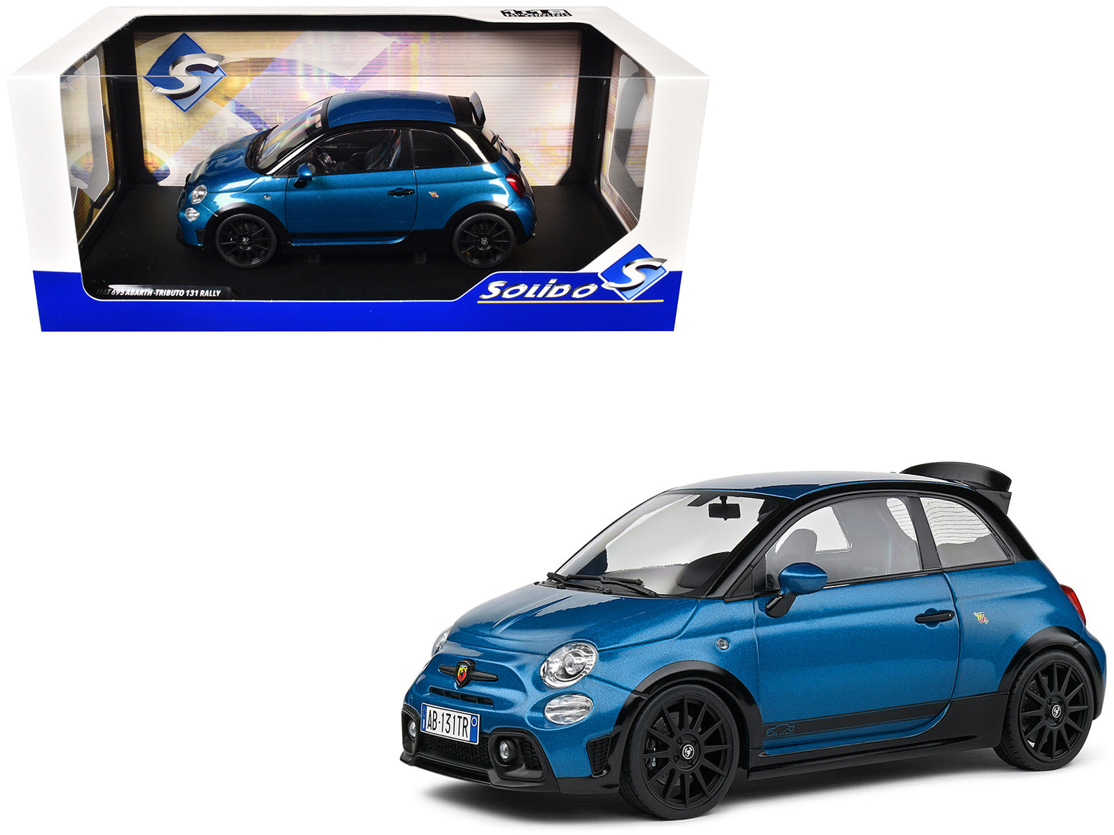 2022 Fiat 695 Abarth "Tributo 131 Rally" Podium Blue Metallic with Black Side Stripes 1/18 Diecast Model Car by Solido free shipping USA