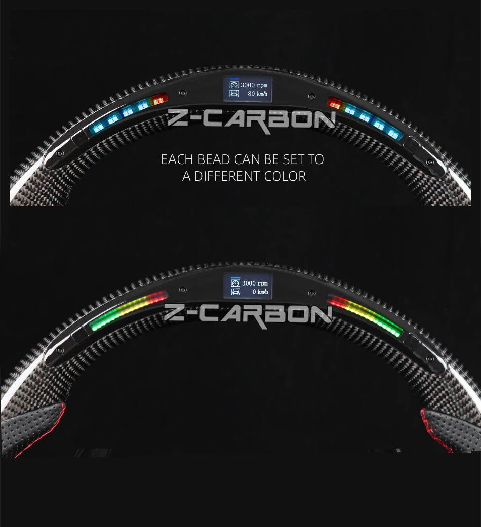 For Nissan 350Z Z33 2003-2008 LED Steering Wheel Carbon Fiber Perforated Leather Steering Wheel Flat Bottom Red Stitching