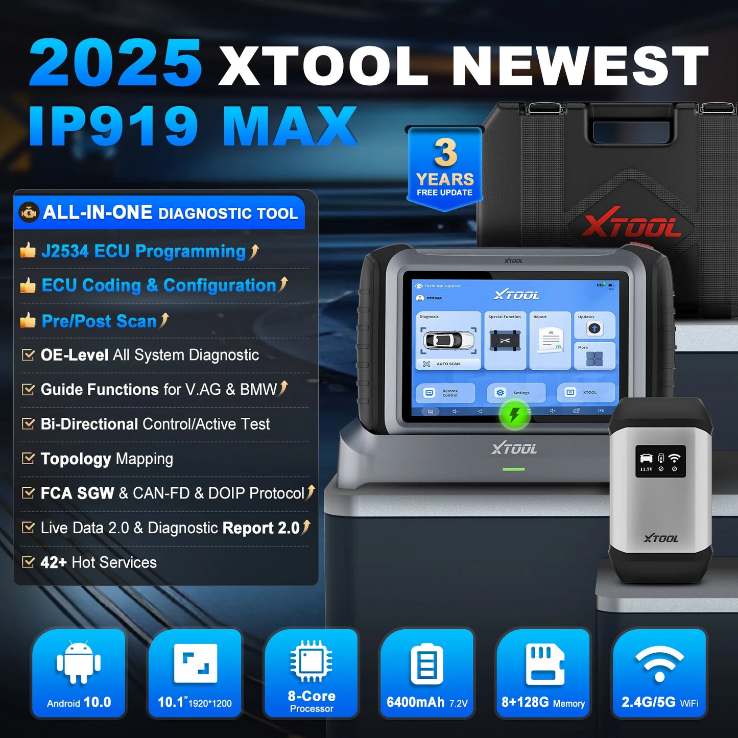 XTOOL InPlus IP919 MAX Bluetooth Car Diagnostic Tools ECU Programming J2534 Bi-directional 42+ Resets Scanner With Topology FCA