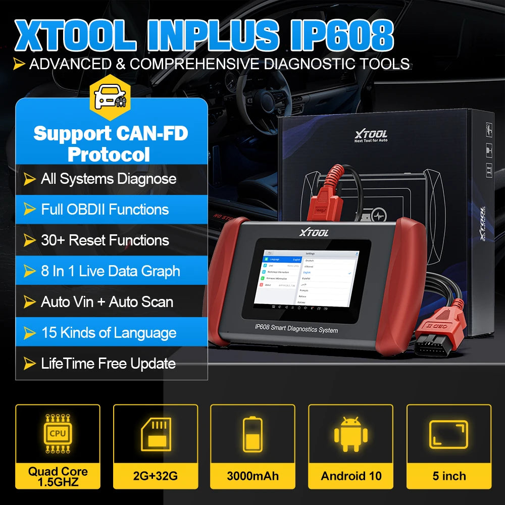 XTOOL Inplus IP608 Car Diagnostic Tools 30 +Service Functions OBD2 Scanner Auto VIN Scan Car Tools CANFD Lifetime Free Update