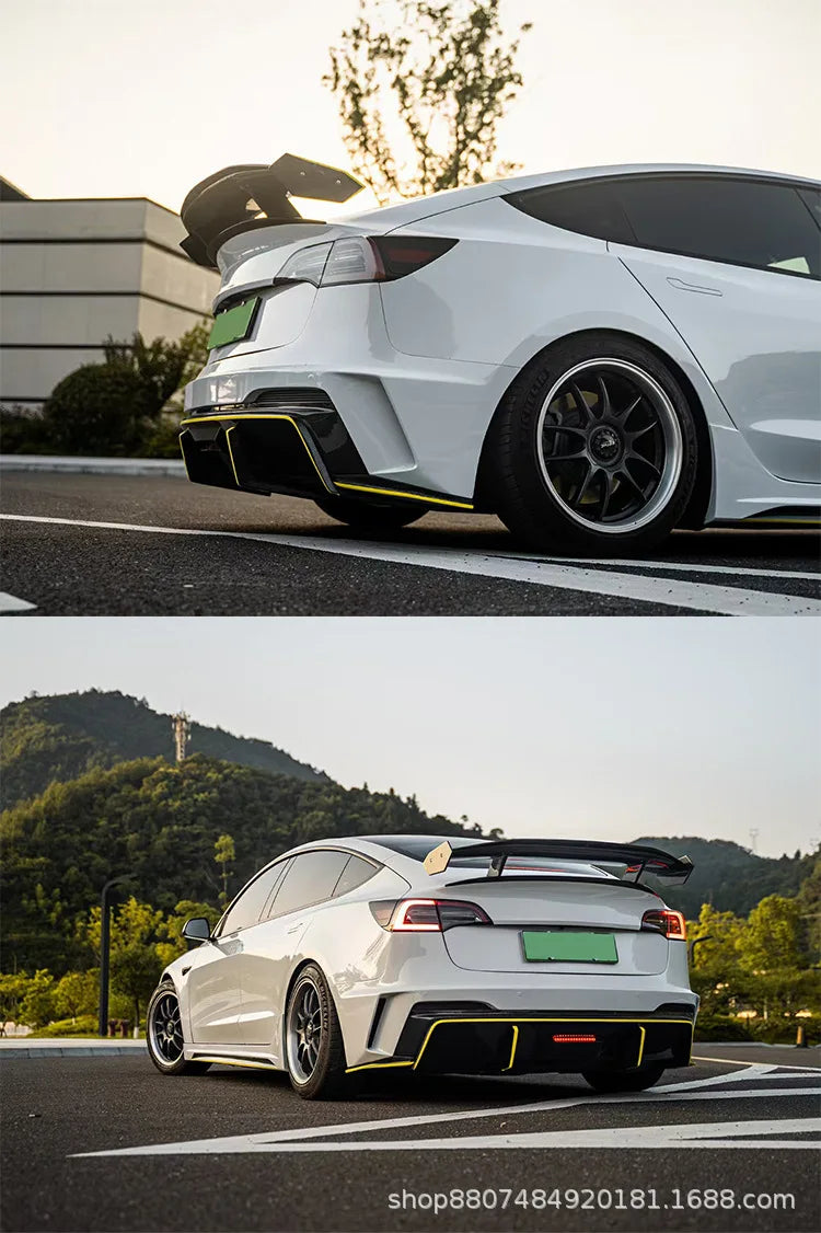 Suitable For Tesla Model3 Modified Hacker Carbon Fiber Wide Body Front Bar Rear Bar Side Skirt Cover Double Rear Wing