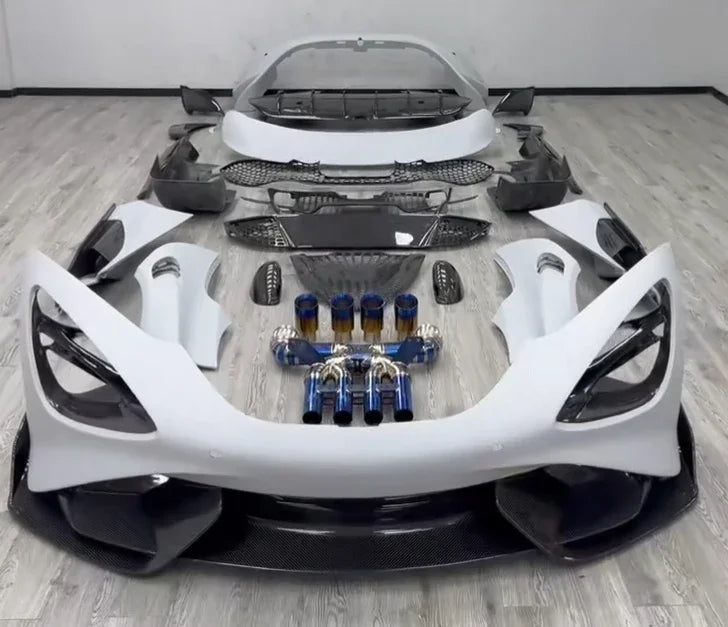 The McLaren 720S upgrades to the 765 body kit with FLDZ Auto Parts Auto 765 style carbon fiber front lip spoiler body kit