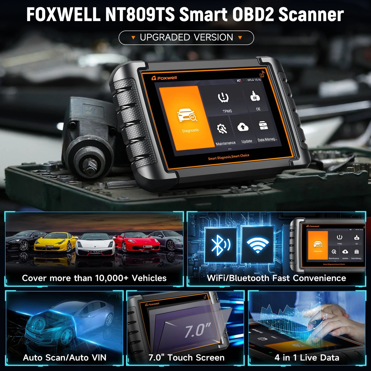 FOXWELL NT809TS TPMS Programming Tool All Systems Car Scanner Bi-Directional Control 30+ Reset OBD2 Bluetooth Diagnostic Tools