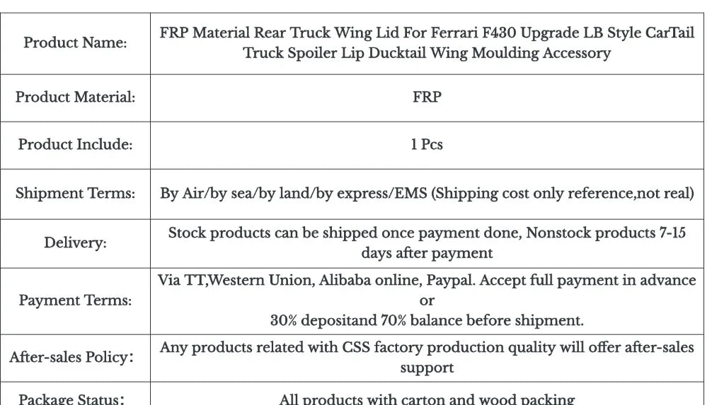 FRP Material Rear Truck Wing Lid For Ferrari F430 Upgrade LB Style CarTail Truck Spoiler Lip Ducktail Wing Moulding Accessory