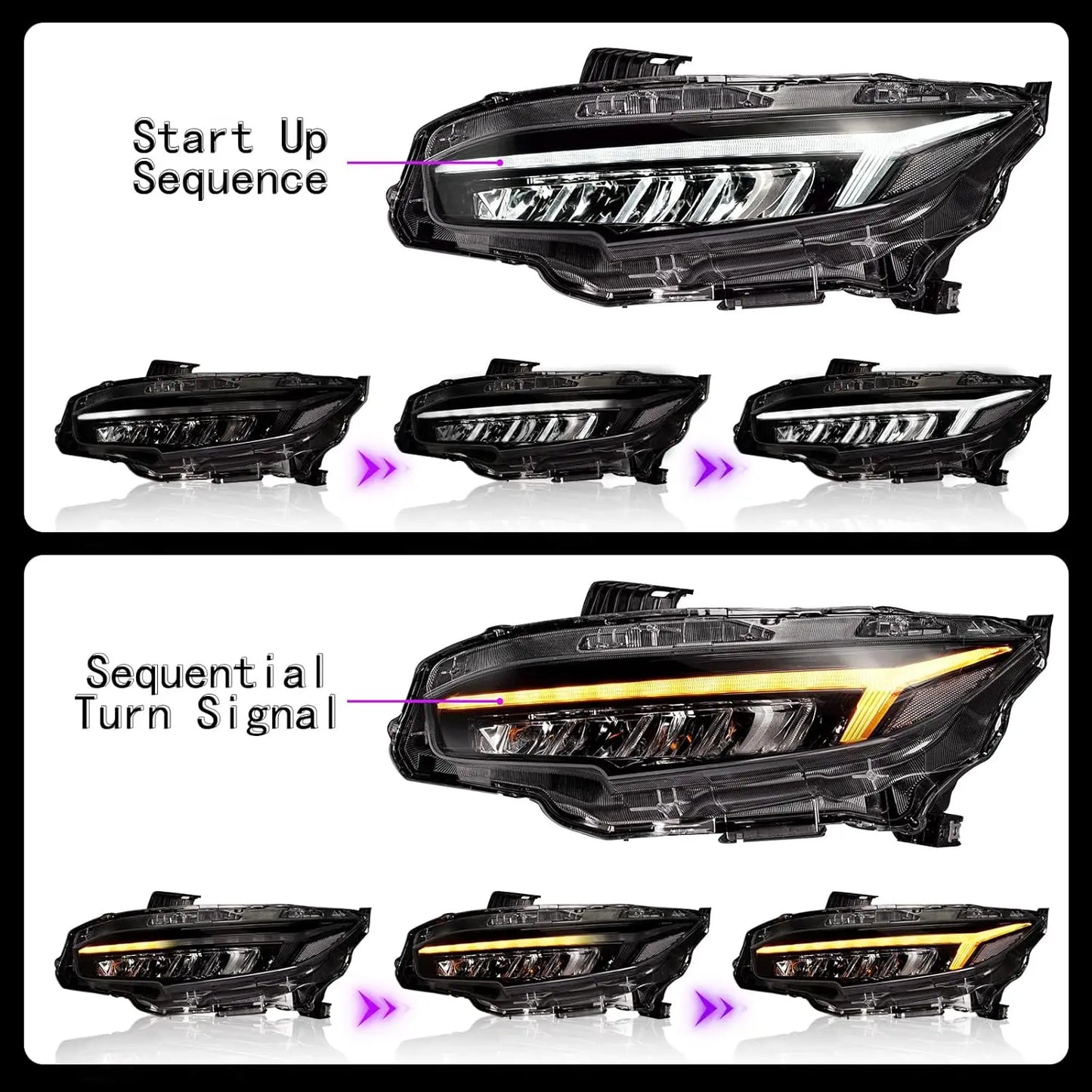 LED Headlights  for Honda Civic Sedan/Coupe/Hatchback 2016-2022 10th Gen With Sequential Turn Signal Assembly