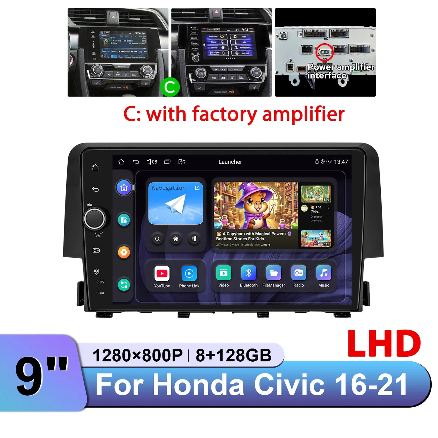 JOYING 9"Android 13 Car Radio Stereo Multimedia Player Carplay For Honda Civic 2016 -2021 Support Factory Cameras Plug and Play