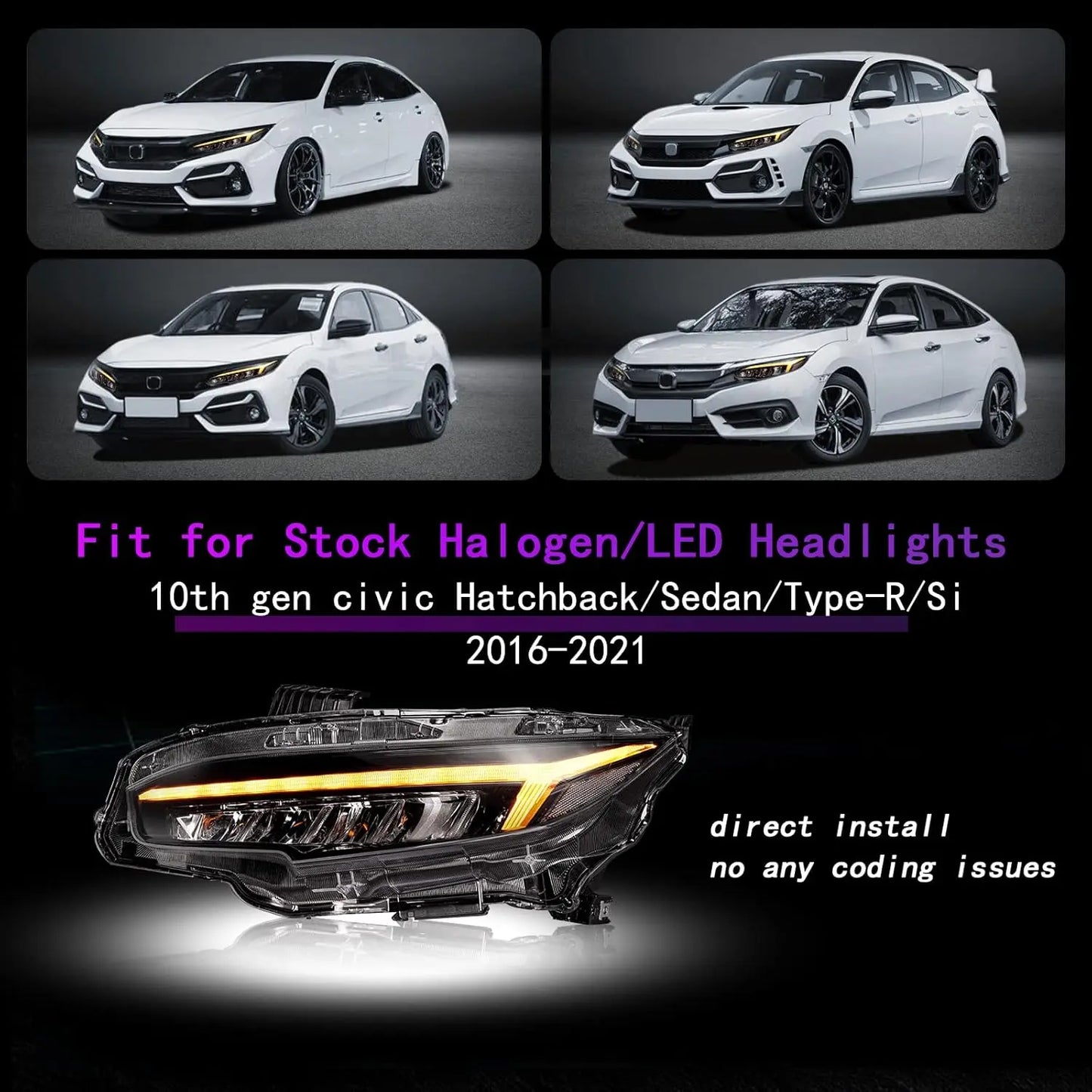 LED Headlights  for Honda Civic Sedan/Coupe/Hatchback 2016-2022 10th Gen With Sequential Turn Signal Assembly