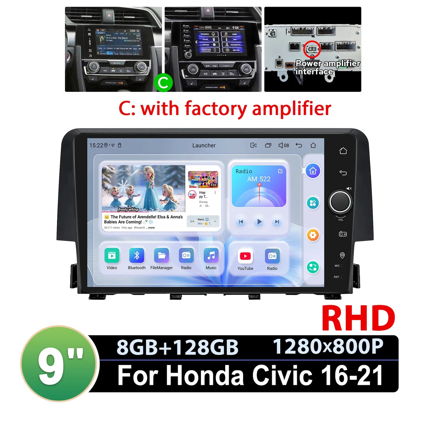 JOYING 9"Android 13 Car Radio Stereo Multimedia Player Carplay For Honda Civic 2016 -2021 Support Factory Cameras Plug and Play