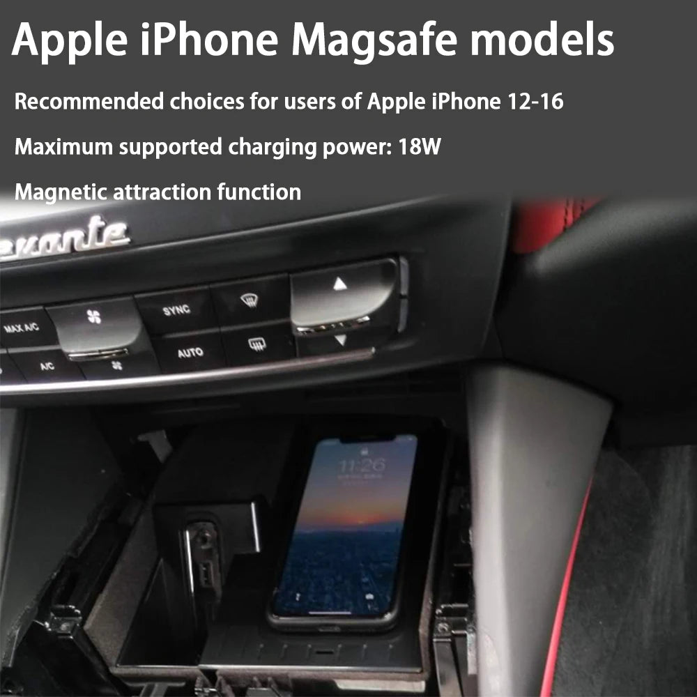 for Maserati Levante M161 2017-2024 Center Console Storage Car Wireless Mobile Phone Charger QI 18W iPhone Magsafe Fast Charging