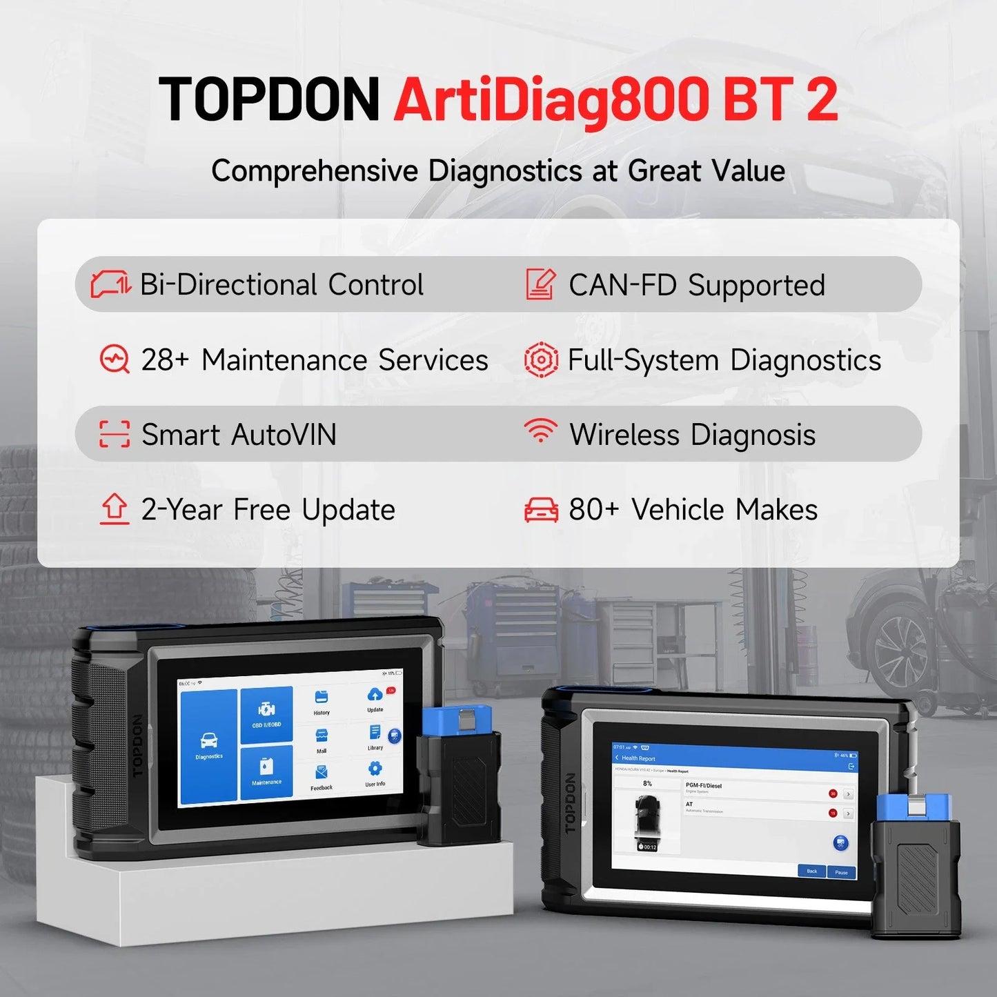 TOPDON Artidiag800 BT 2 OBDII Scanner All System Auto Diagnostic Scan Tool Bi-Directional Control Active Tes 28+ Reset Service