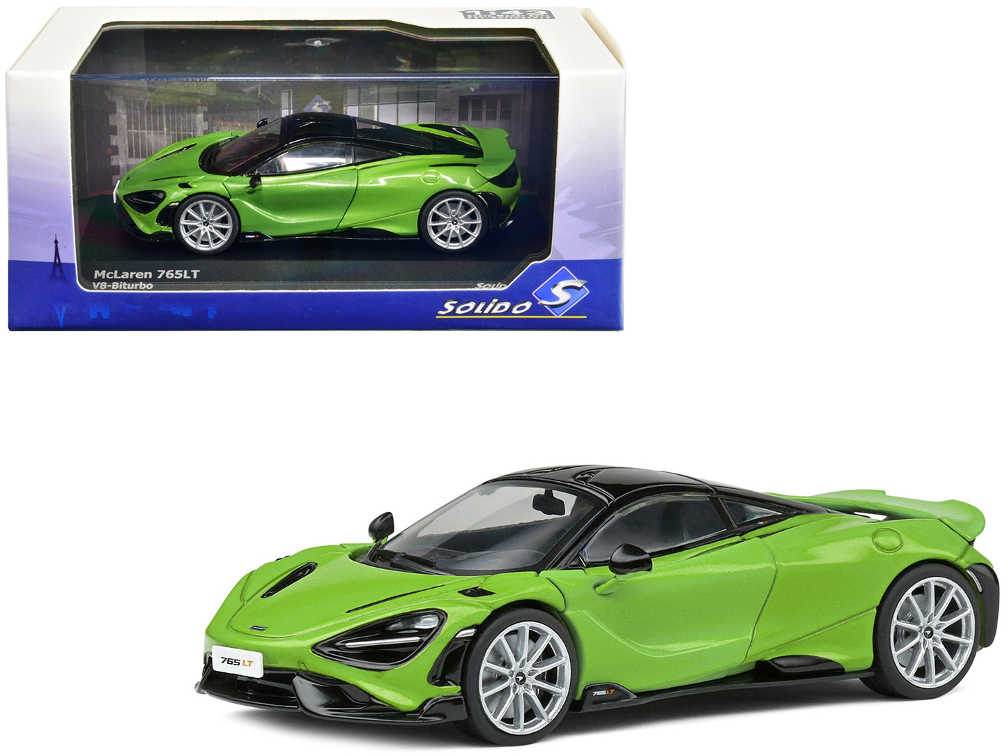 2020 McLaren 765 LT Lime Green Metallic and Black 1/43 Diecast