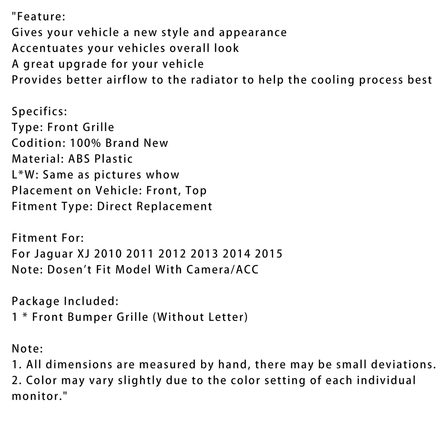 Chrome Front Bumper Grill Grille Fit for Jaguar XJ 2010 2011 2012 2013 2014 2015