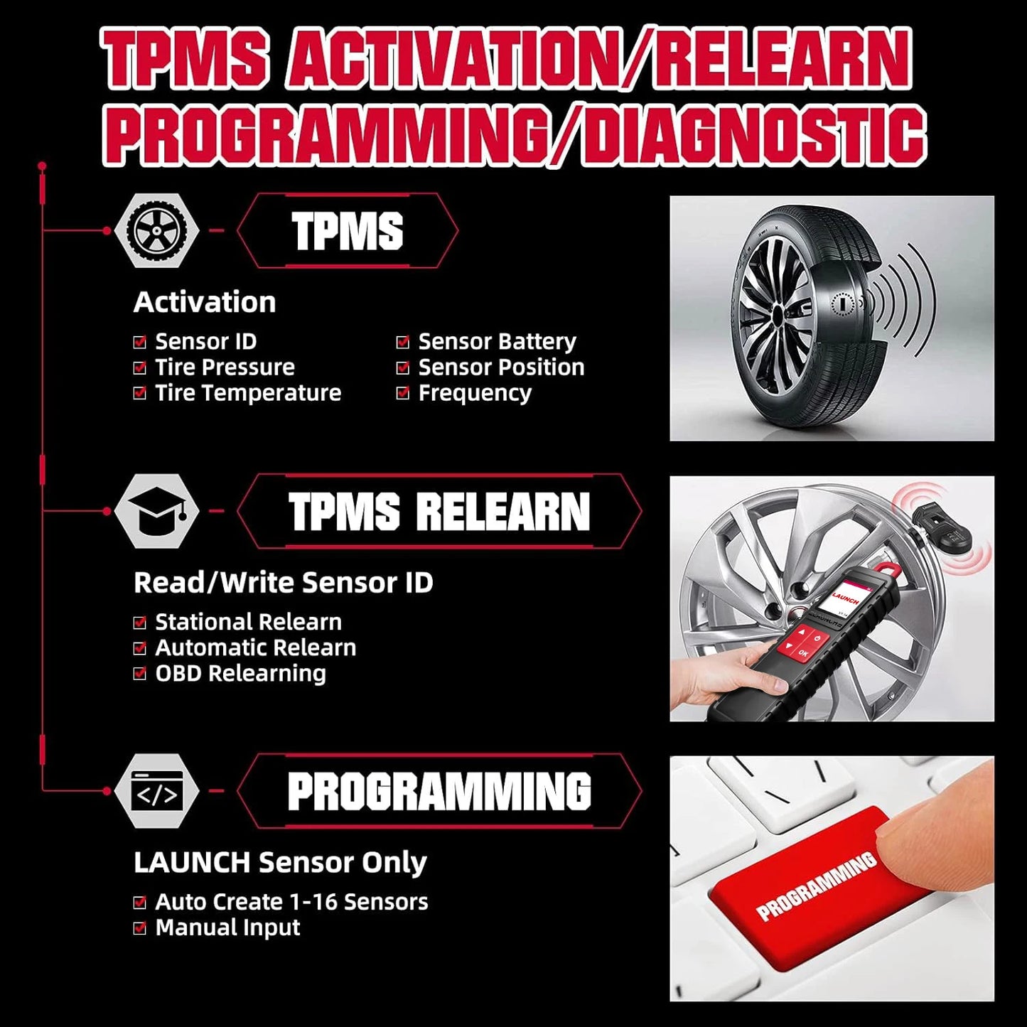LAUNCH X431 I-TPMS TPMS Tire Pressure Diagnostic Tools Active/ Relearn/Program 315Mhz 433Mhz RF-Sensor for X431 V/V+/PRO3S/PAD V