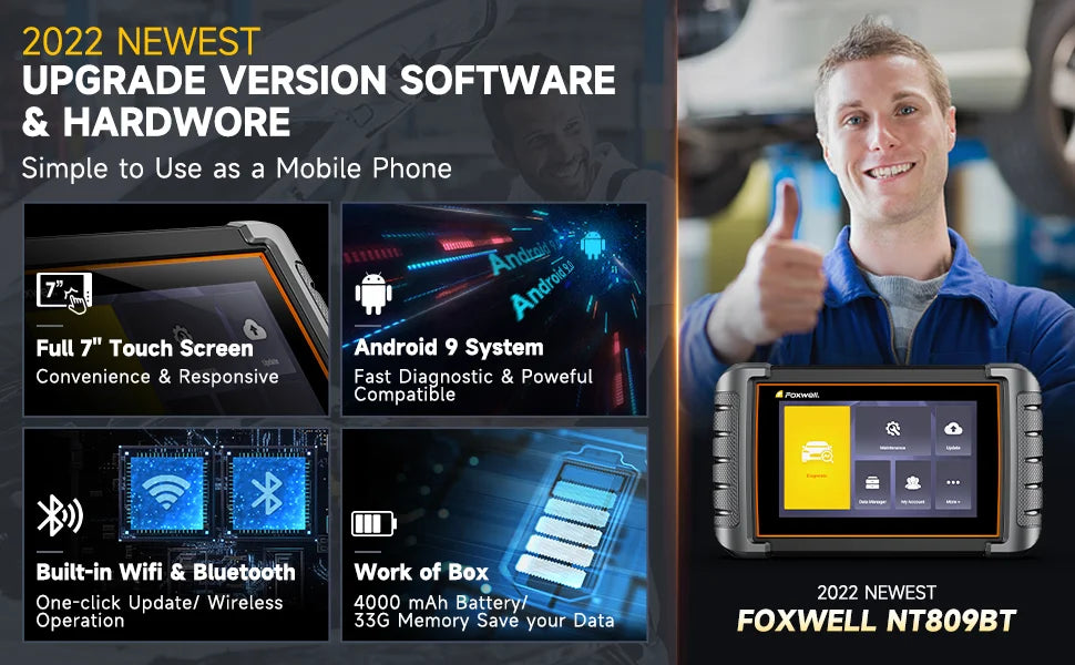 FOXWELL NT809BT OBD2 Bluetooth Automotive Scanner All System BiDirectional Scan Tool 30+ Reset OBD2 Code Reader Diagnostic Tool